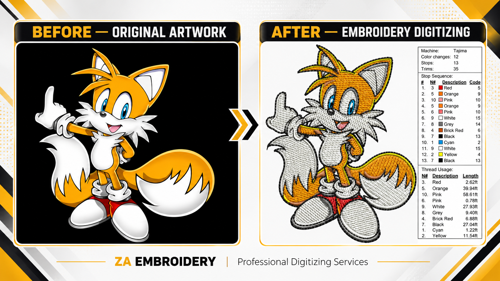 Cartoon character artwork before and after embroidery digitizing