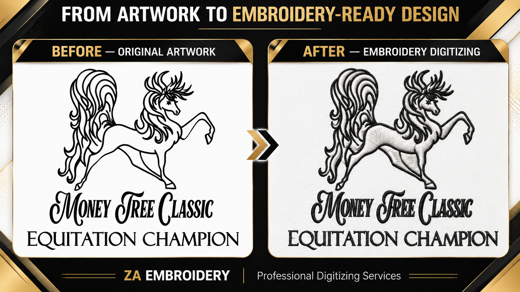 Equestrian horse artwork before and after embroidery digitizing