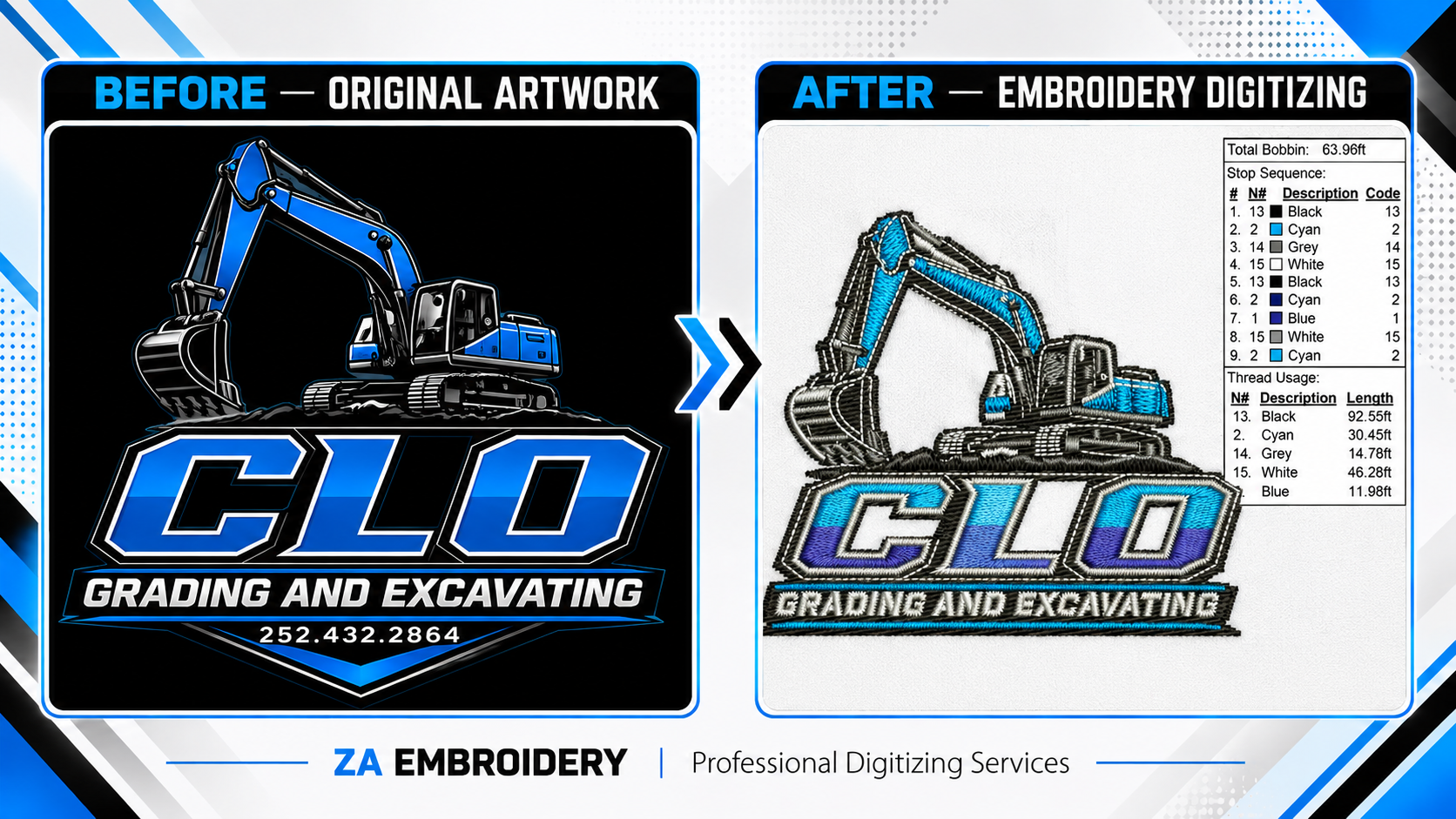 CLO Grading and Excavating logo before and after embroidery digitizing by ZA Embroidery